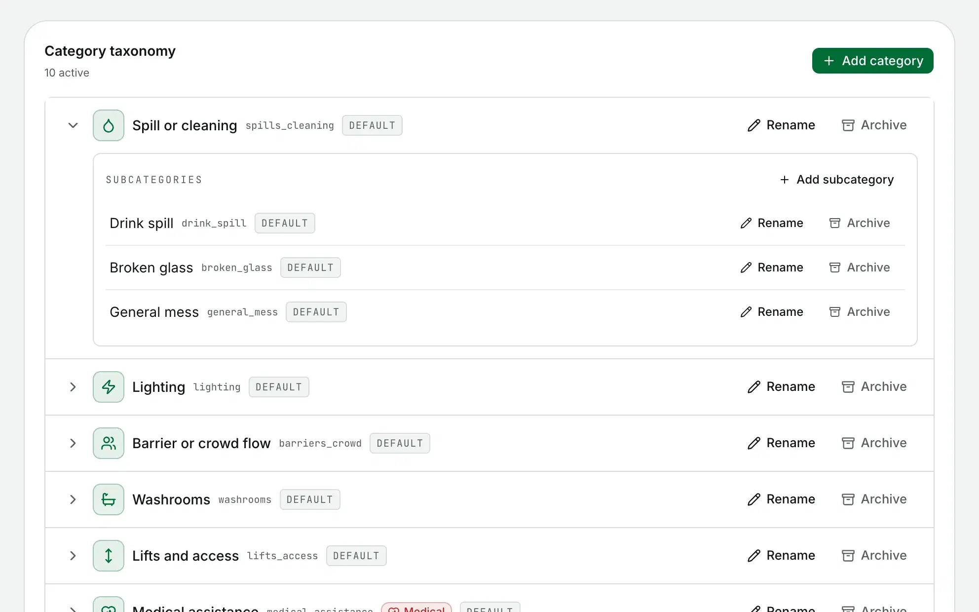 Category settings with Spill or cleaning opened to show its subcategories, each one with rename and archive.