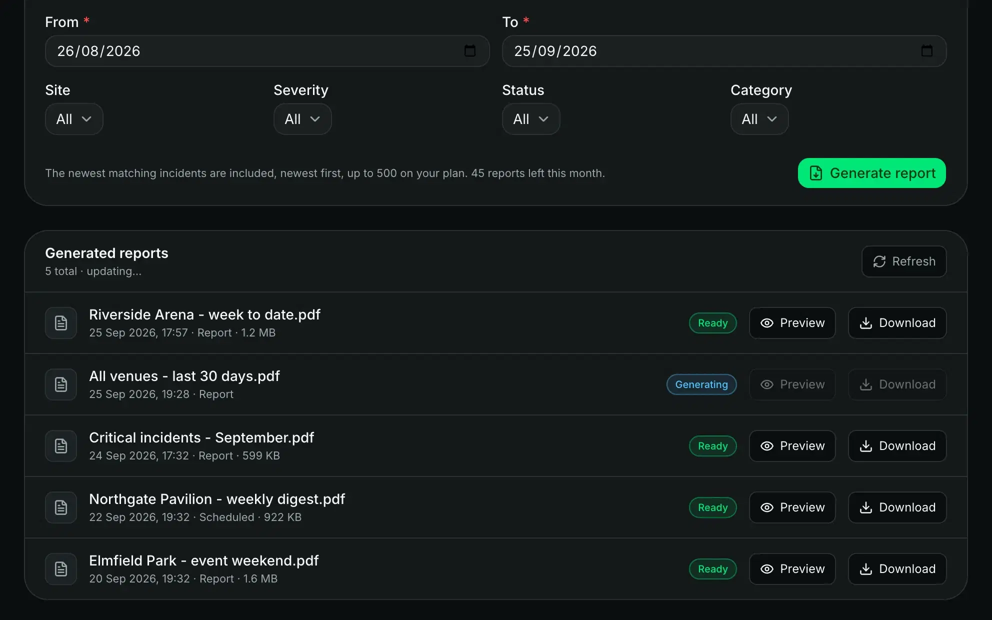 The reports page: a date range and filters, above generated PDF reports ready to preview or download.