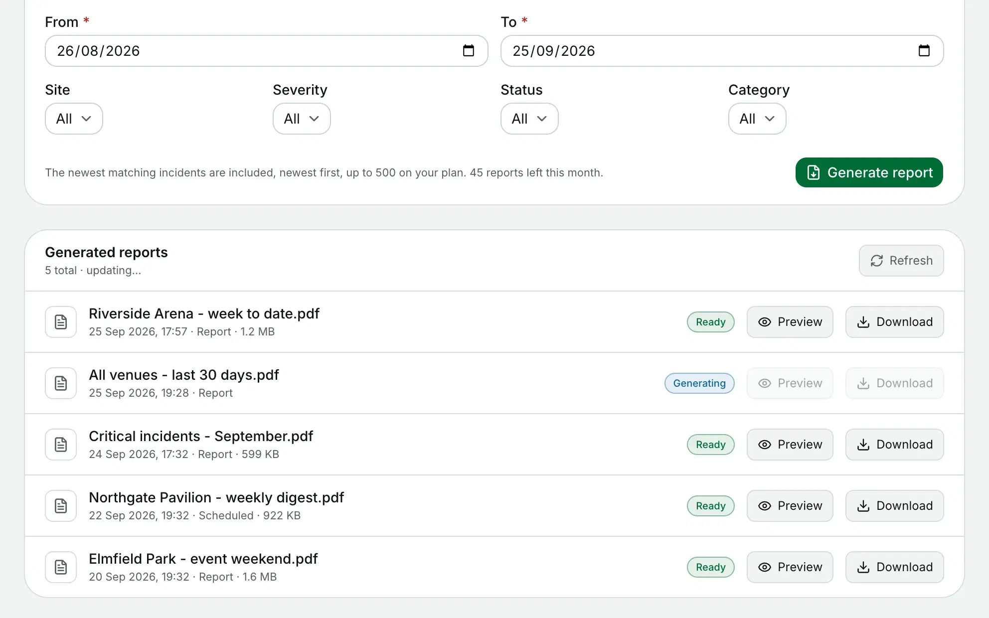 The reports page: a date range and filters, above generated PDF reports ready to preview or download.