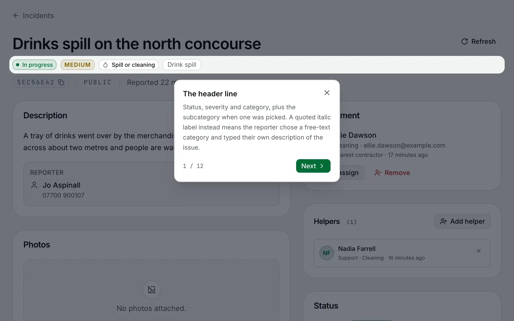 Step one of the incident page guide, pointing at the status, severity and category line.