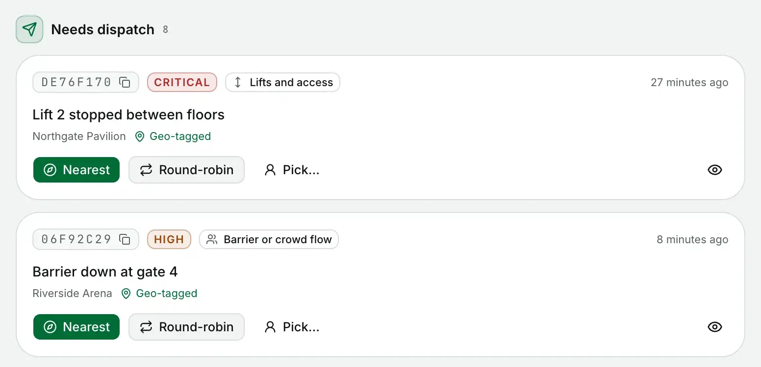 Reports waiting on the dispatch board, with Nearest, Round-robin and Pick.