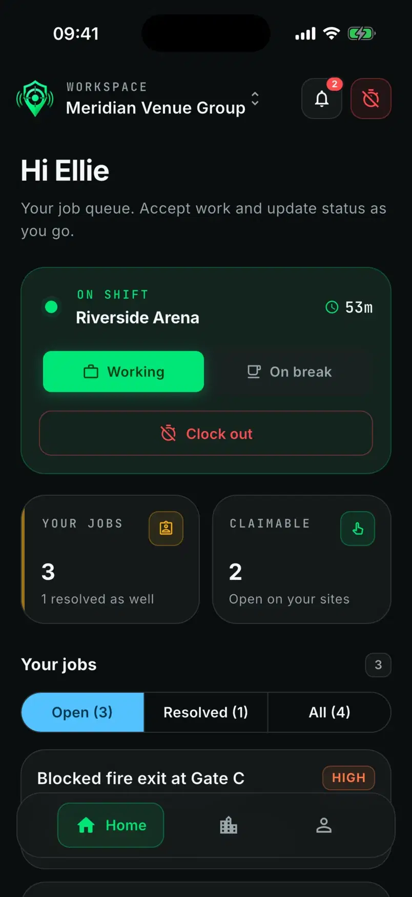 Ellie's contractor home, on shift at Riverside Arena with her job queue.