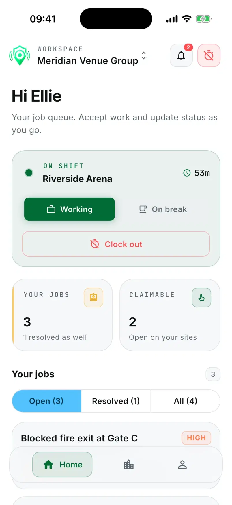Ellie's contractor home, on shift at Riverside Arena with her job queue.