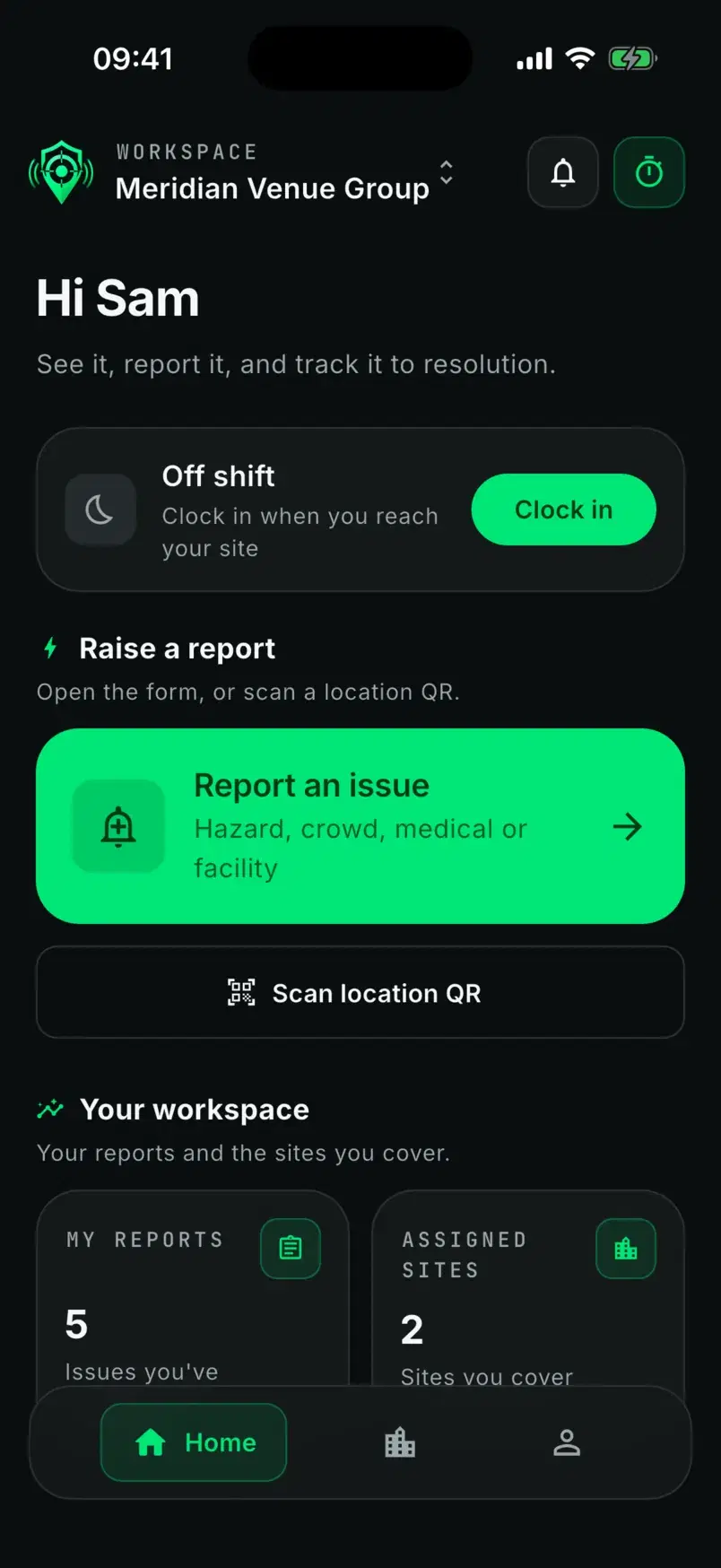 Sam's staff home with Report an issue and Scan location QR.