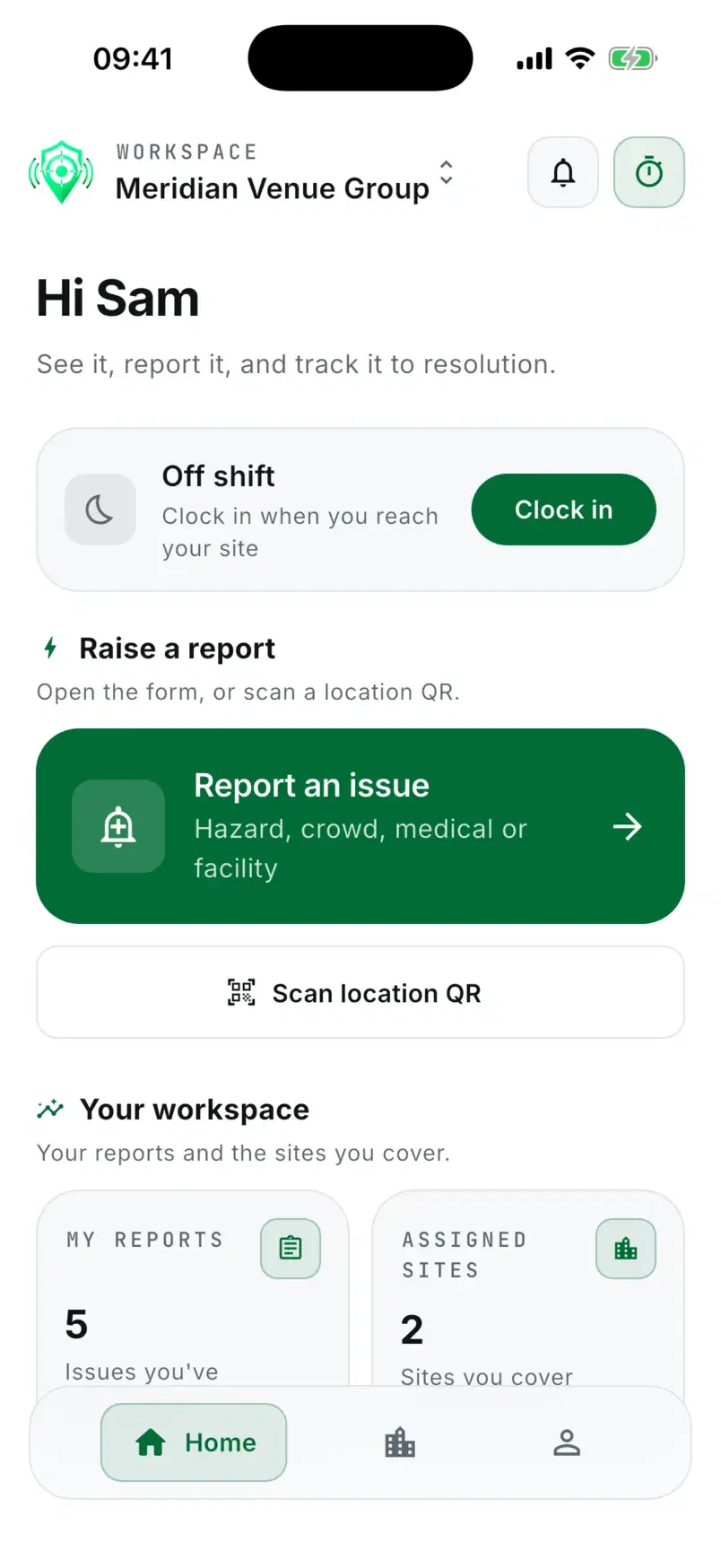 Sam's staff home with Report an issue and Scan location QR.