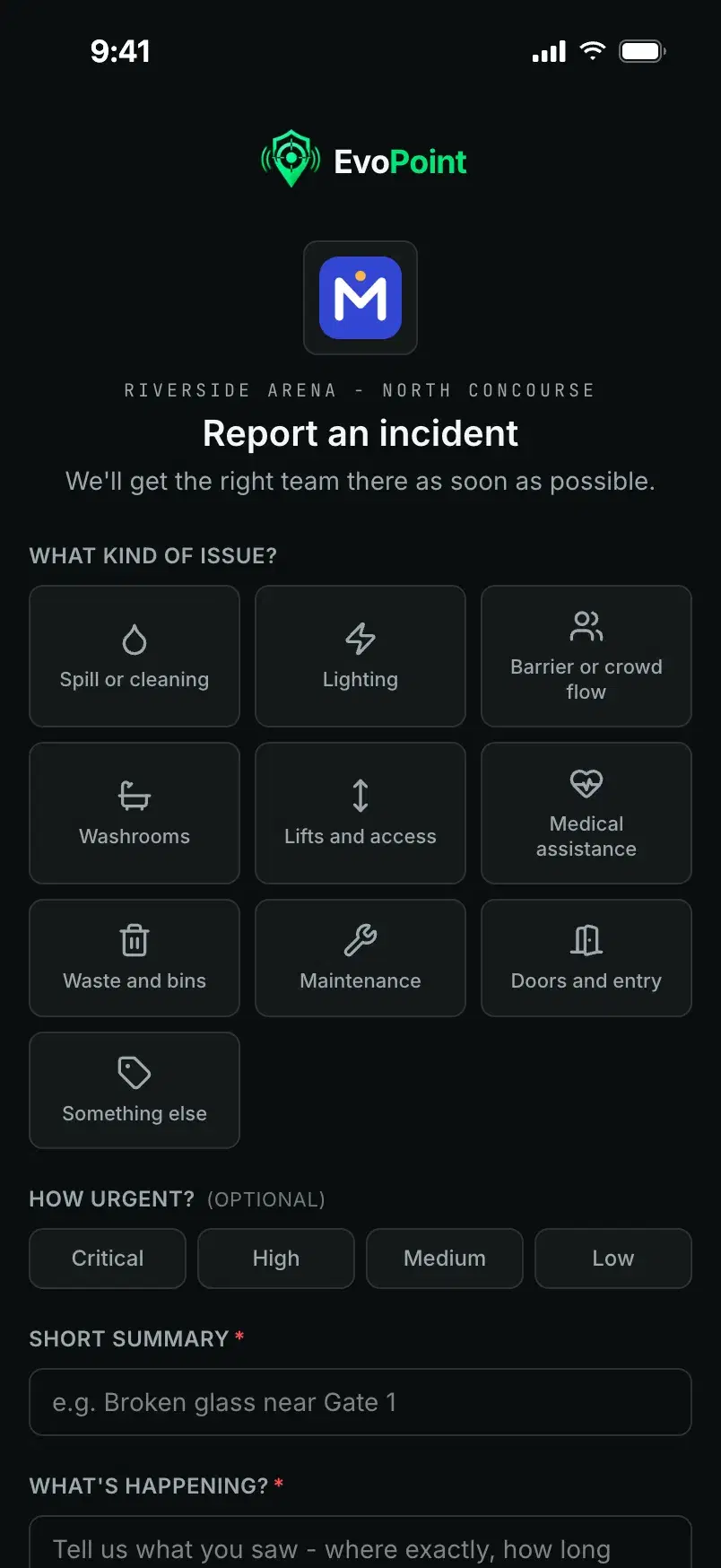 The report page the scan opens, with the venue and location at the top.