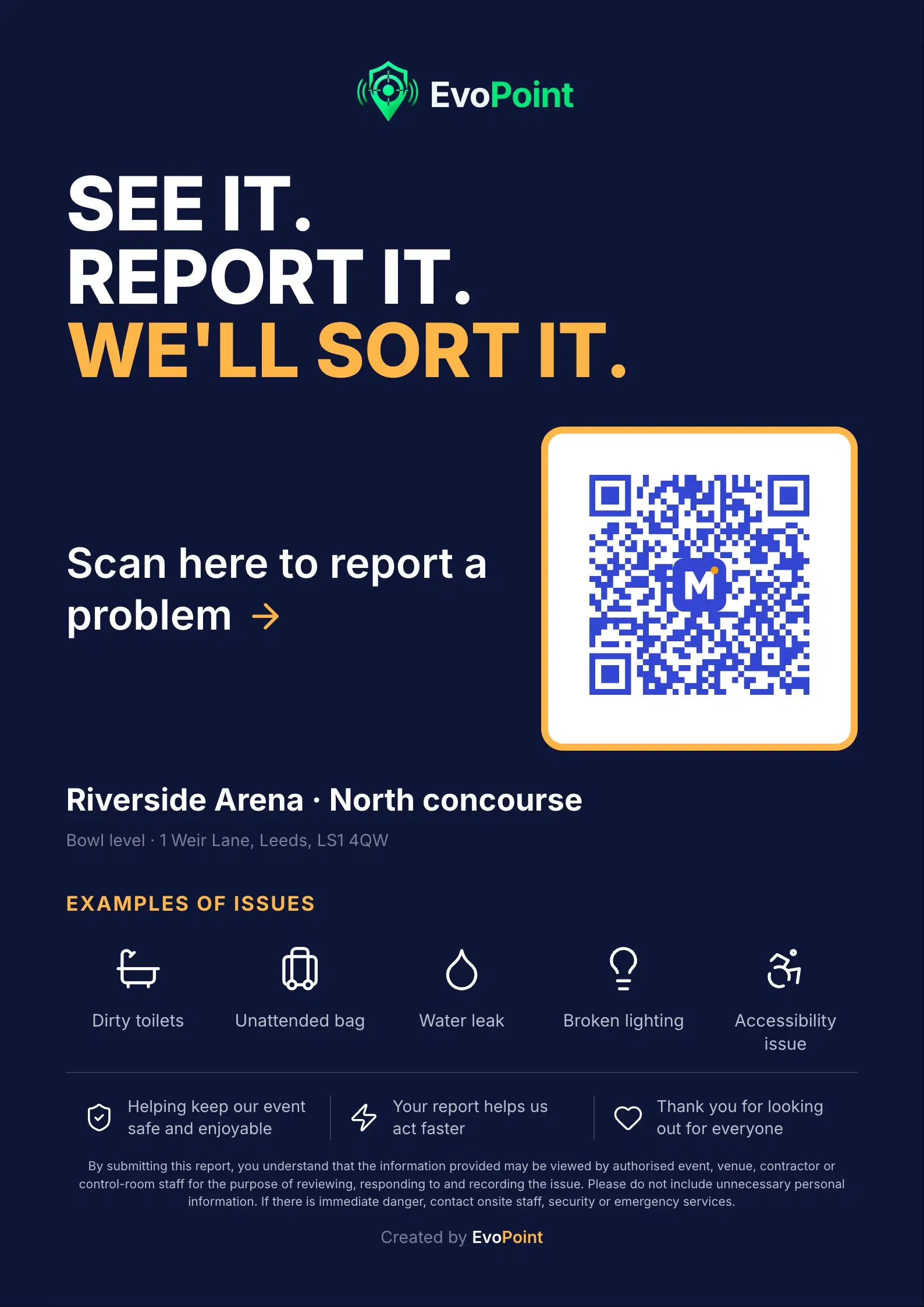 The branded A4 poster for the north concourse, with the venue's logo in the QR code.