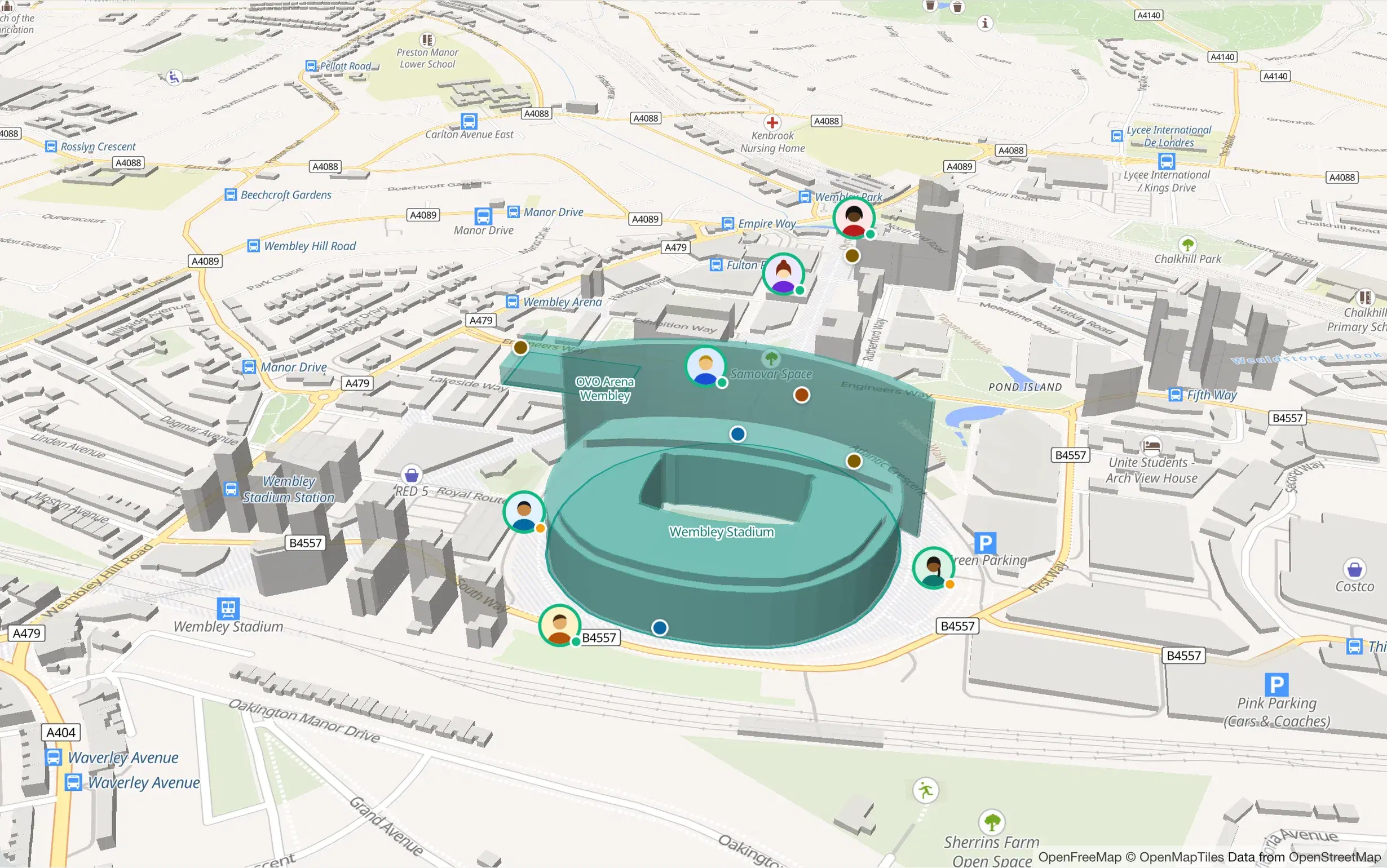 The live map over Wembley Stadium, with incident pins and contractors on shift.